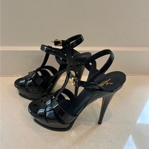 Saint Laurent tribute Black Patent Leather Platform T-Strap High Heels